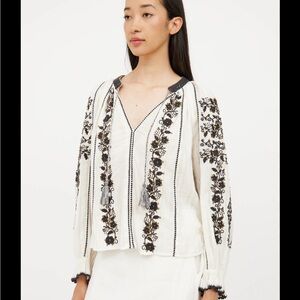 Ulla Johnson Embroidered White and Black Long Sleeve Tassel Boho Top